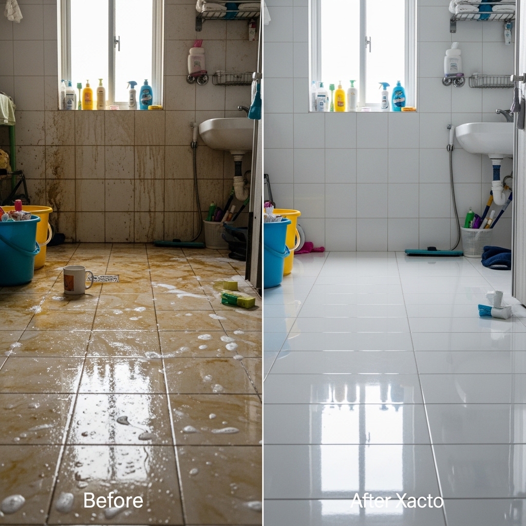Before and after bathroom cleaned by industrial cleaning products supplier